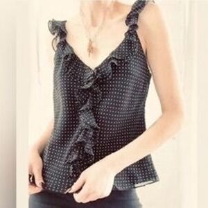 Lauren Ralph Lauren Black White Polka Dot Ruffle V Neck Silk Tank Top Size 14/L